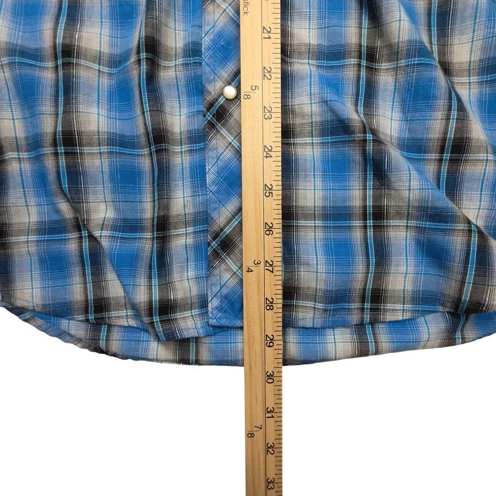 Wrangler Mens Western Snap Shirt Blue Plaid Metallic Thread Long Sleeve Medium